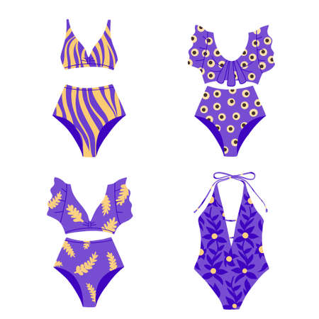 A set of fashionable swimwear in retro style.Purple bathing suits. Beachwear. Vector Flat Illustrationのイラスト素材