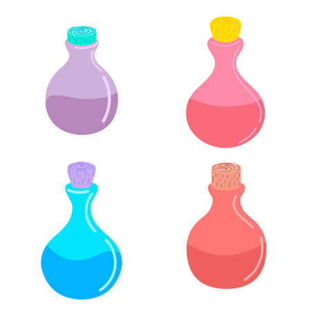 Bottle with a magic potion. Elixir. Vector illustration. Design for Halloween. Bottle of witch potionのイラスト素材