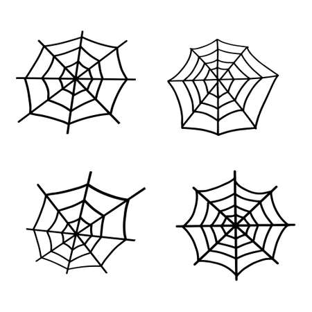 Spider Web set. Web for Halloween, a scary, ghostly, spooky element for design on Halloween. Vector illustration in Doodle styleのイラスト素材