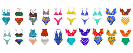 A set of different womens swimsuits. Beachwear. Two-piece swimsuits, retro-style swimsuits, sports. Vector Flat Illustrationのイラスト素材