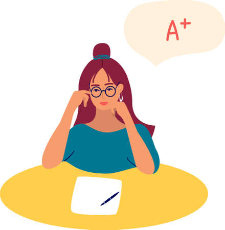 A student writes an exam. The student is preparing for the exam. The girl thinks about successfully passing the exams. Flat Vector Cartoon Illustrationのイラスト素材