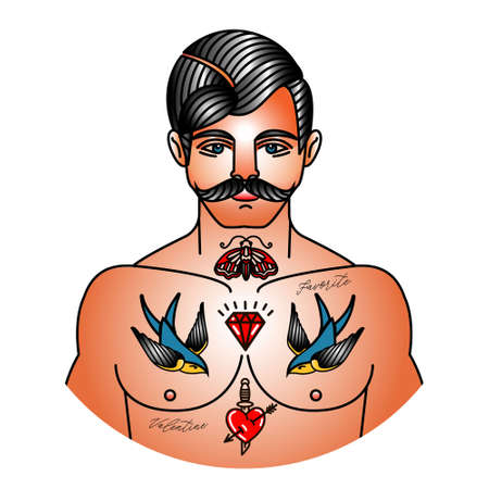 Old School tattoo of man. sketch of man with tattoosのイラスト素材