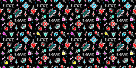 seamless pattern with love symbols in Old school tattoo styleのイラスト素材