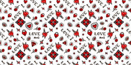 Old school tattoo seamless pattern with love symbols. Design For Valentines Day