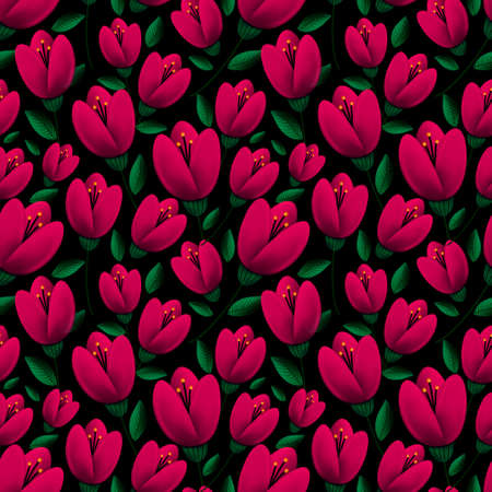 Pattern of red tulips with green leavesの写真素材