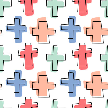 Seamless background with multi-colored crosses in linear styleのイラスト素材