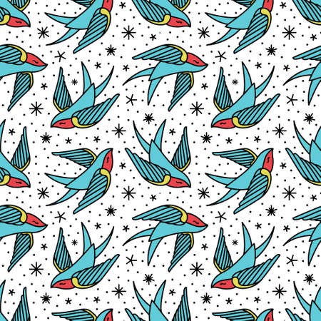 pattern with swallows in old-school tattoo styleのイラスト素材