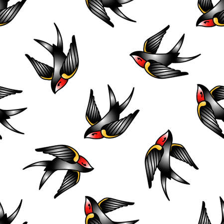 pattern with swallows in old-school tattoo styleのイラスト素材