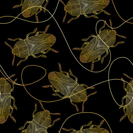 Seamless pattern with golden beetles and chains.のイラスト素材