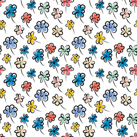 Seamless pattern of multicolored wildflowers on a white backgroundのイラスト素材