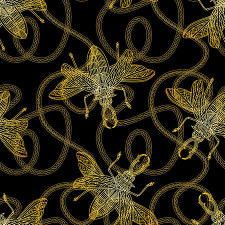 Seamless golden pattern with beetles and chains.