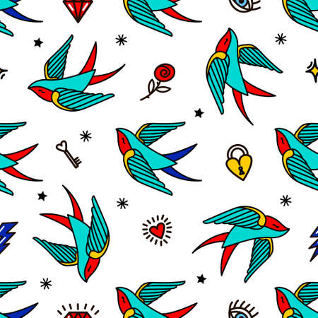 pattern with swallows in old-school tattoo styleのイラスト素材