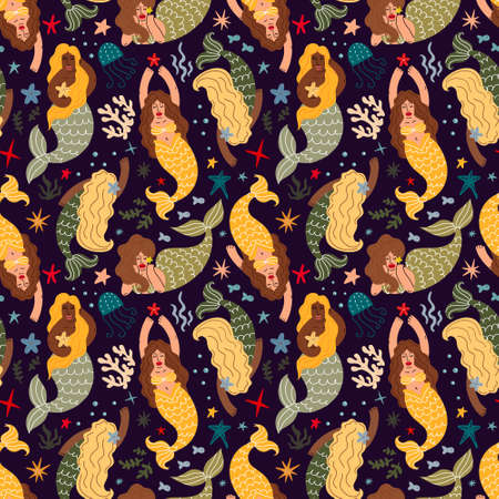 Seamless pattern with mermaids and marine lifeのイラスト素材