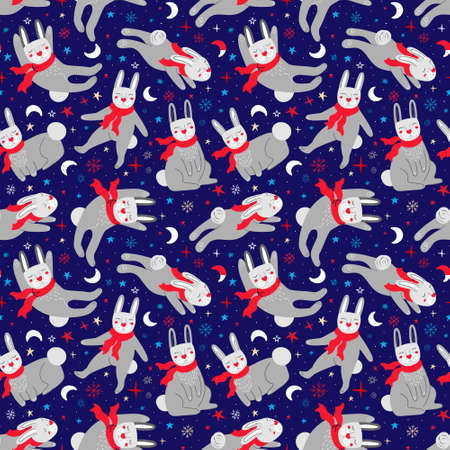 Seamless pattern with rabbits in the starry skyのイラスト素材