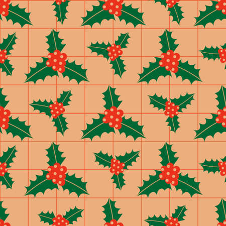 Retro Christmas seamless background with holly leaves and berriesのイラスト素材