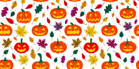 Halloween pumpkin pattern with fallen leavesのイラスト素材