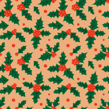 Retro Christmas seamless background with holly leaves and berriesのイラスト素材
