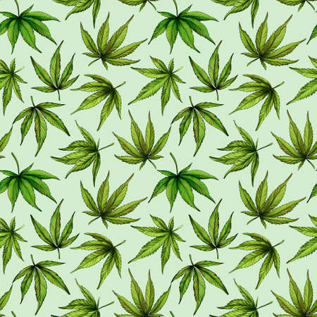 Seamless pattern of green cannabis leaves on a green backgroundの写真素材