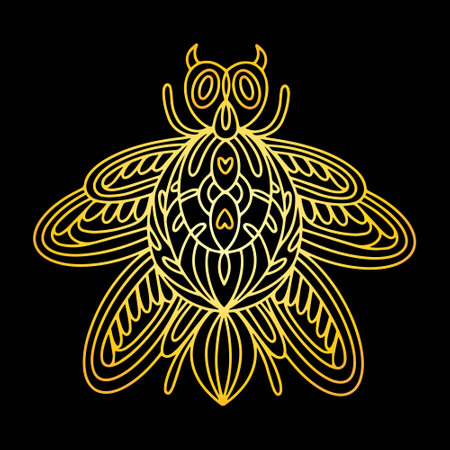 A golden beetle in a linear style. Linear vector illustration