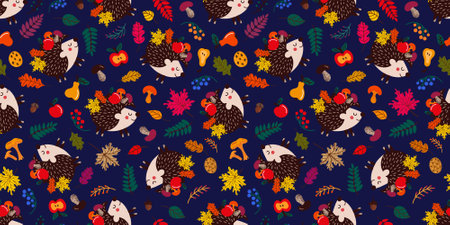Seamless pattern with hedgehogs and autumn leavesの写真素材