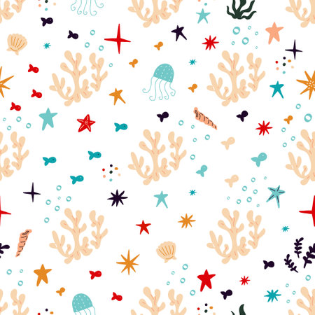 seamless background with corals, octopuses, fish, starfish, shells, a variety of marine lifeのイラスト素材