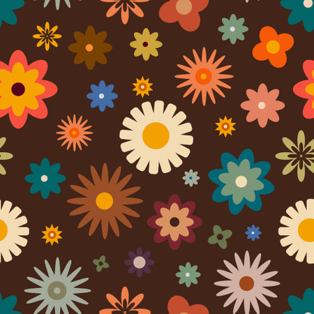 Retro background with various colorful flowers on brown backgroundのイラスト素材