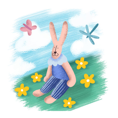 Boy bunny sitting on the lawnのイラスト素材