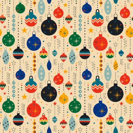 Retro vintage Christmas pattern with tree toys. Christmas seamless backgroundのイラスト素材