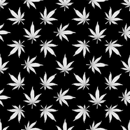 Cannabis seamless pattern. White hemp leaves on a black background. Marijuana patternの写真素材