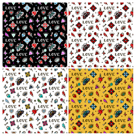 Old school tattoo seamless patterns with love symbols. Design For Valentines Dayのイラスト素材