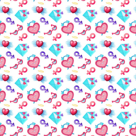 Colorful illustration of seamless background of heart shaped objects and feminine and male signs for St Valentine Dayの写真素材