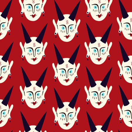 Pattern of Funky demon head with a creepy ugly face. Freaky comic demon with horns. Vector illustration doodle styleのイラスト素材