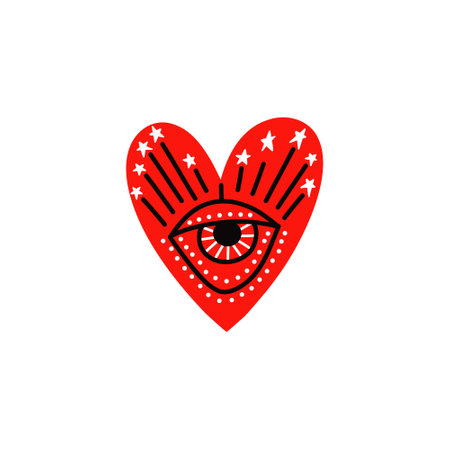 Magical red heart with eye. Valentines Day heart in modern doodle styleのイラスト素材