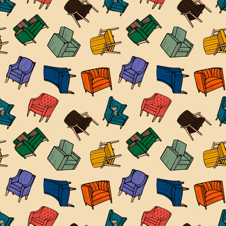 Furniture seamless pattern. Seamless pattern of Armchairs and chairs, sofa. Hand-drawn vector illustration. Vector illustrationのイラスト素材