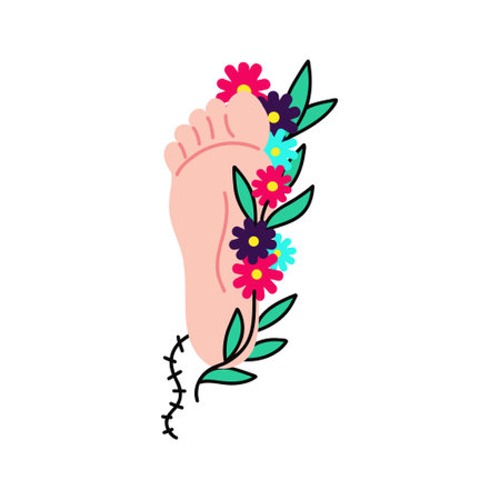 Foot and flowers vector illustration in doodle styleのイラスト素材