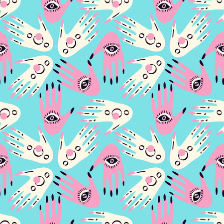 Seamless pattern with Magical mystical symbol hands with eyes. Vector illustrationのイラスト素材
