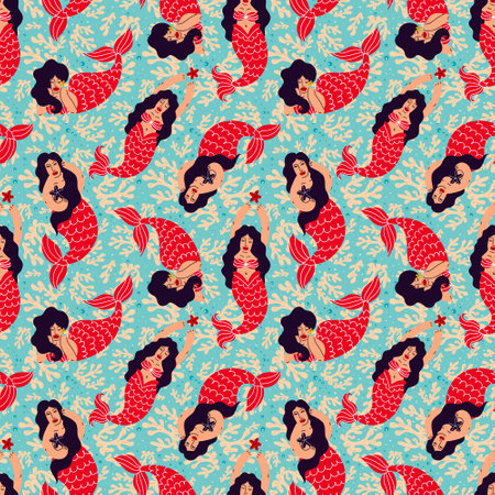 Seamless pattern with brunette mermaids and corals on a blue background.Seamless background with mermaids. Vector illustrationのイラスト素材