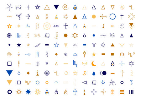 Collection of aesthetic and modern Astrology minimalistic linear illustrations of the sun, moon, stars, geometric elementsのイラスト素材