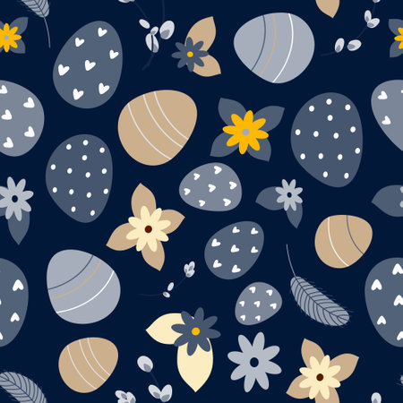 seamless background of Easter eggs and flowers and pussy willowのイラスト素材