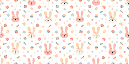 Easter festive seamless pattern background with rabbits, cakes, eggs, willowのイラスト素材
