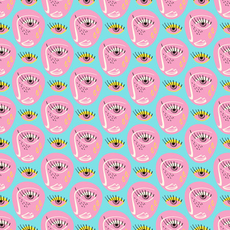 Blue Pink Aesthetics sad faces pattern. Funky Bizarre face backgroundの写真素材