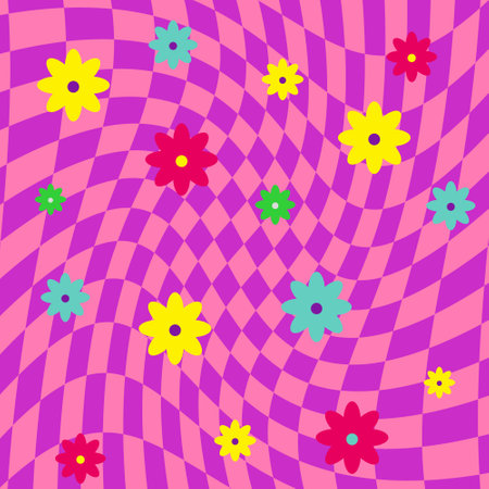 Pink psychedelic squares geometric pattern with flowers. Optical illusion background 60sのイラスト素材