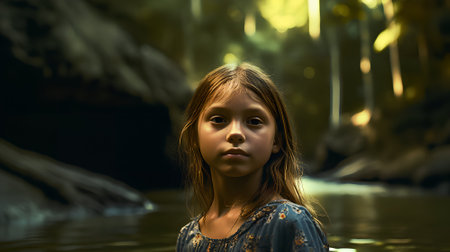 Portrait of a girl against the background of a tropical forest and a river, in the style of the 1970s. Ai generative artの素材