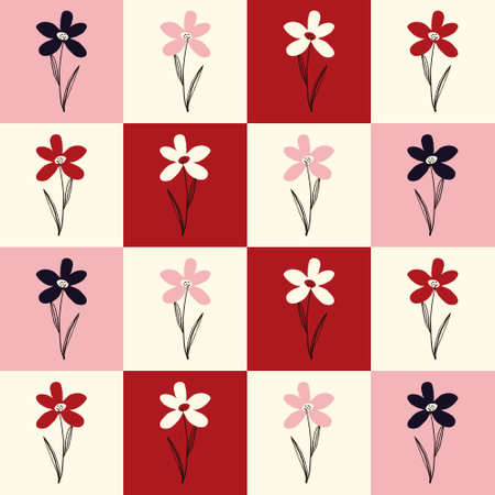 Stylized creative vibrant quirky expressive floral pattern in 60s in bright pink and red juicy colorsのイラスト素材