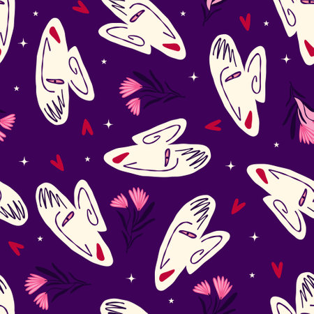 Purple Vibrant Feminine Aesthetic pattern with abstract painted faces and rose flowers