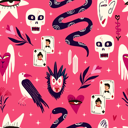 Pink Halloween pattern with magical mystical esoteric magical Gothic symbolsのイラスト素材