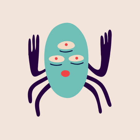 Funny bizarre spider with three eyes. Illustration in a modern childish hand-drawn style