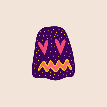 A bizarre strange demon with a funny lovely creepy face. Illustration in a modern childish hand-drawn style for Halloweenのイラスト素材