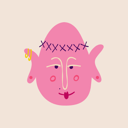 Funny fancy pink character Stuffed vegetable Garden. Illustration in a childish hand-drawn styleのイラスト素材