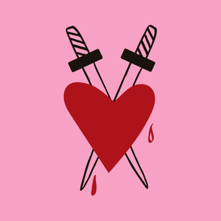 Red heart with daggers. illustration modern trendy hand drawn styleのイラスト素材